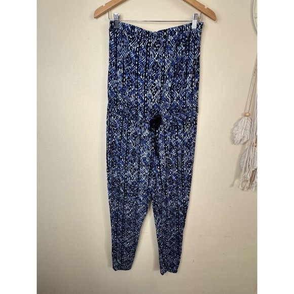 AMBIANCE Blue Tribal Design Elastic Waist Drawstring Strapless Jumpsuit Size L - Picture 2 of 12